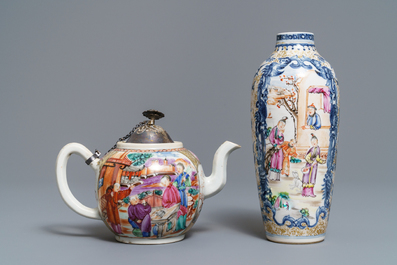 Eleven Chinese famille rose 'mandarin' cups, eight saucers, a teapot and a vase, Qianlong
