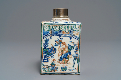 A Dutch Delft cashmere palette chinoiserie tea caddy, 17/18th C.