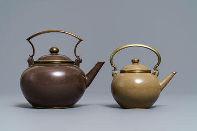 Two Chinese Bencharong Thai market polished Yixing stoneware teapots, 19th C.