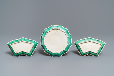 A Chinese verte biscuit sweetmeat set on wooden tray, Kangxi