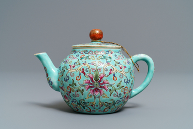 A Chinese turquoise-ground famille rose teapot, Jiaqing mark, Republic, 20th C.