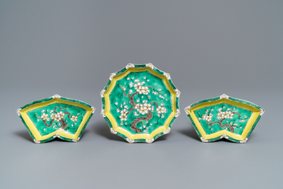 A Chinese verte biscuit sweetmeat set on wooden tray, Kangxi