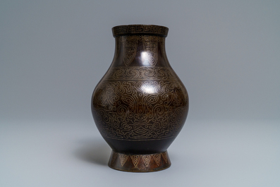 A Chinese inlaid bronze 'hu' vase, 19th C.