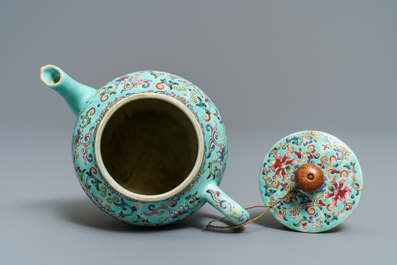 A Chinese turquoise-ground famille rose teapot, Jiaqing mark, Republic, 20th C.