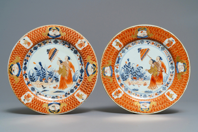 Six Chinese Imari-style plates after Cornelis Pronk: 'Dames au Parasol', Qianlong, ca. 1736-1738