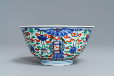 A Chinese wucai 'Buddhist' emblems bowl, Shunzhi, Transitional period