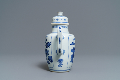 A Chinese blue and white wine jug and cover with antiquities, Kangxi