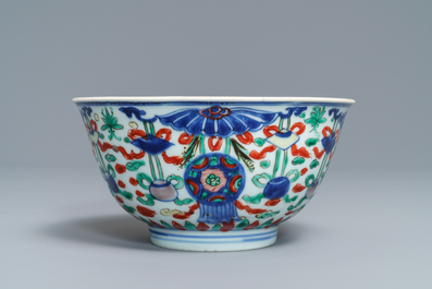 A Chinese wucai 'Buddhist' emblems bowl, Shunzhi, Transitional period