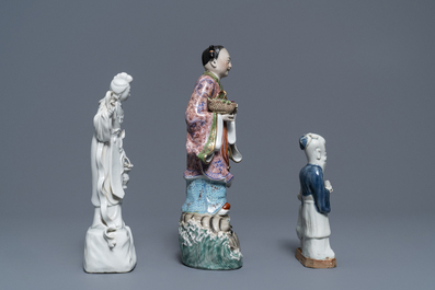 A varied collection of Chinese famille rose, blue and white and blanc de Chine figures, 18th C. and later