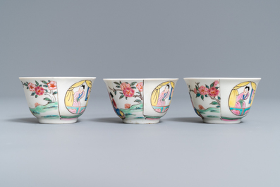 Une th&eacute;i&egrave;re, six soucoupes et trois tasses en porcelaine de Chine famille rose, Yongzheng/Qianlong