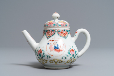 A Chinese famille rose teapot, six saucers and three cups, Yongzheng/Qianlong