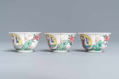 A Chinese famille rose teapot, six saucers and three cups, Yongzheng/Qianlong