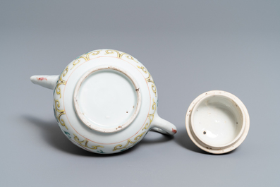 A Chinese famille rose teapot, six saucers and three cups, Yongzheng/Qianlong