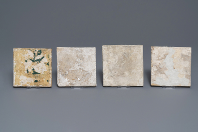 Acht blauw-witte en mangane Delftse tegels met schepen en zeewezens, 17/18e eeuw