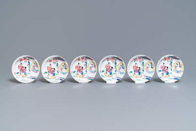 A Chinese famille rose teapot, six saucers and three cups, Yongzheng/Qianlong