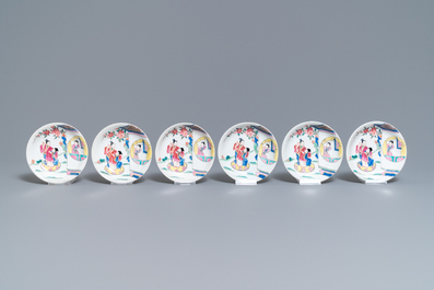 A Chinese famille rose teapot, six saucers and three cups, Yongzheng/Qianlong