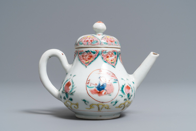 A Chinese famille rose teapot, six saucers and three cups, Yongzheng/Qianlong