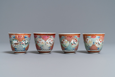 Quatre tasses et soucoupes en porcelaine de Chine famille rose &agrave; d&eacute;cor d'animaux, Qianlong