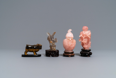 Twelve Chinese hardstone sculptures and a plaque mounted in a wooden table screen, 19/20th C.