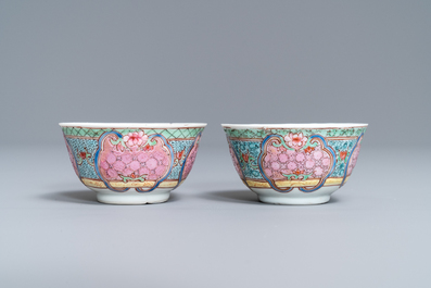 A pair of Chinese famille rose cups and saucers, Yongzheng