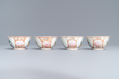 Four Chinese famille rose 'mandarin' cups and saucers, Qianlong