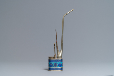 A Chinese inscribed paktong metal and enamel water pipe, 19th C.