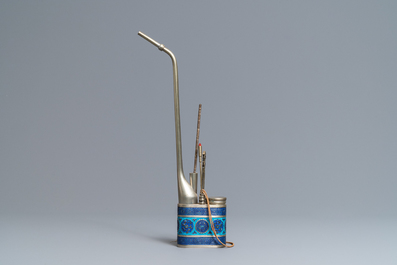 A Chinese inscribed paktong metal and enamel water pipe, 19th C.