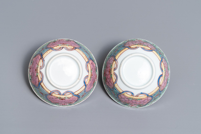 A pair of Chinese famille rose cups and saucers, Yongzheng