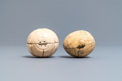 Two ivory diptych ball carvings, Dieppe, France, 18/19th C.