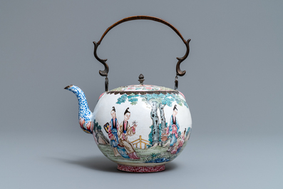 A Chinese Canton enamel kettle with figures in a garden, Yongzheng