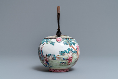A Chinese Canton enamel kettle with figures in a garden, Yongzheng