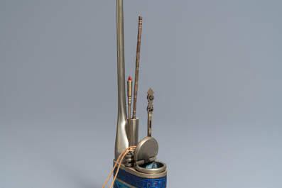 A Chinese inscribed paktong metal and enamel water pipe, 19th C.