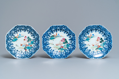 Dix assiettes et un grand bol en porcelaine de Chine famille rose, Qianlong