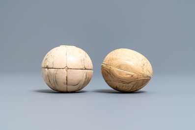 Two ivory diptych ball carvings, Dieppe, France, 18/19th C.