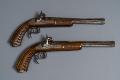 A pair of Belgian engraved flintlock dueling pistols, prob. Li&egrave;ge, 19th C.