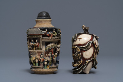 Two Chinese polychrome ivory snuff bottles, 19th C.