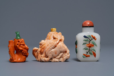 Two Chinese coral snuff bottles and one coral-embellished glass bottle, 19/20th C.