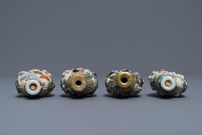 Four Chinese famille rose porcelain relief-decorated snuff bottles, 19th C.