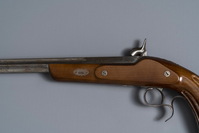 A pair of Belgian engraved flintlock dueling pistols, prob. Li&egrave;ge, 19th C.