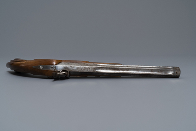 A pair of Belgian engraved flintlock dueling pistols, prob. Li&egrave;ge, 19th C.