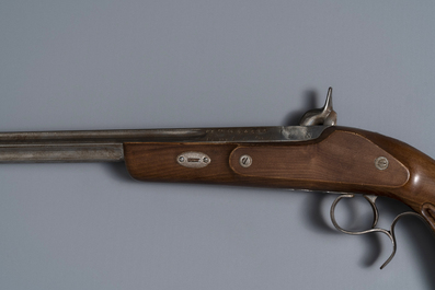 A pair of Belgian engraved flintlock dueling pistols, prob. Li&egrave;ge, 19th C.