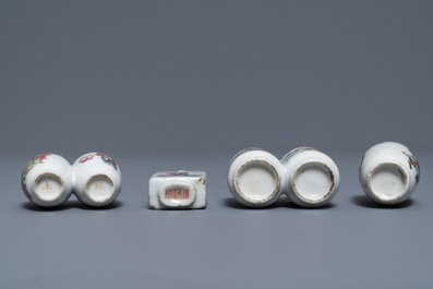 Four Chinese famille rose porcelain snuff bottles, 19th C.