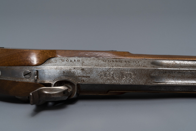 A pair of Belgian engraved flintlock dueling pistols, prob. Li&egrave;ge, 19th C.