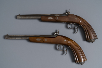 A pair of Belgian engraved flintlock dueling pistols, prob. Li&egrave;ge, 19th C.