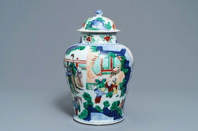 A Chinese wucai vase and cover with figures in a garden, seal mark, Transitional period