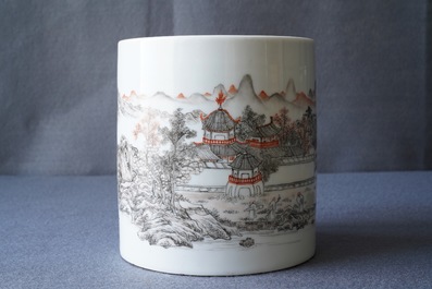 A Chinese grisaille and iron red brush pot, Ju Ren Tang mark, Republic