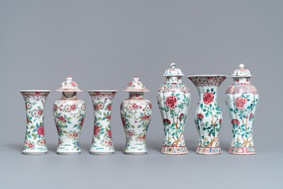 Two Chinese famille rose vase garnitures, Qianlong and 19th C.