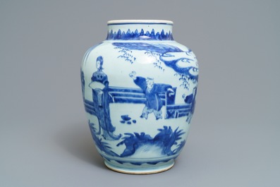 Een Chinese blauw-witte pot met dames in een tuin, Transitie periode