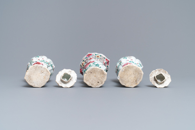 Two Chinese famille rose vase garnitures, Qianlong and 19th C.