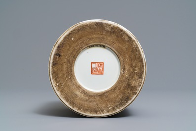 A Chinese grisaille and iron red brush pot, Ju Ren Tang mark, Republic